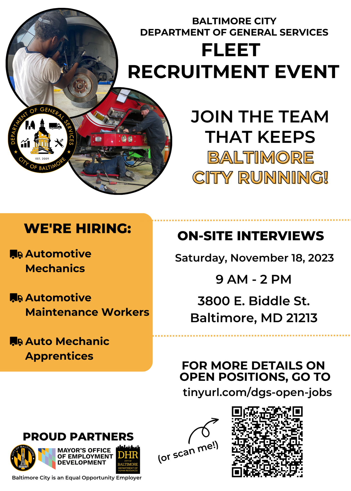 Fleet Recruitment Event, Saturday, November 18th, 9 AM - 2 PM at 3800 E. Biddle St. We're hiring Auto Mechanics, Apprentices, and Auto Maintenance Workers